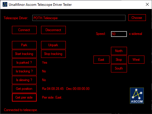 Controlling telescope with the Ascom testprogram.