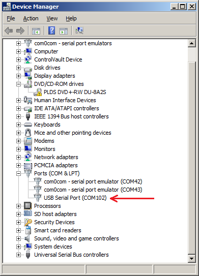 Windows 7 Device Manager showing COM number fo the USB-Serial Converter.