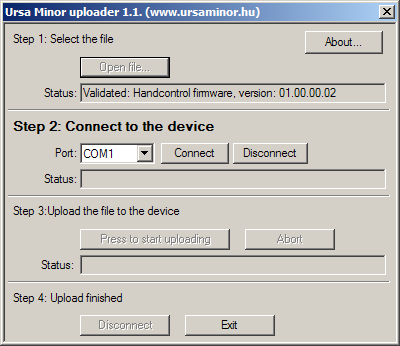 Program for uploading the firmware onto Ursa Minor MC3 and the Hand Control