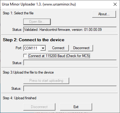 Program for uploading the firmware onto Ursa Minor MC3 and the Hand Control